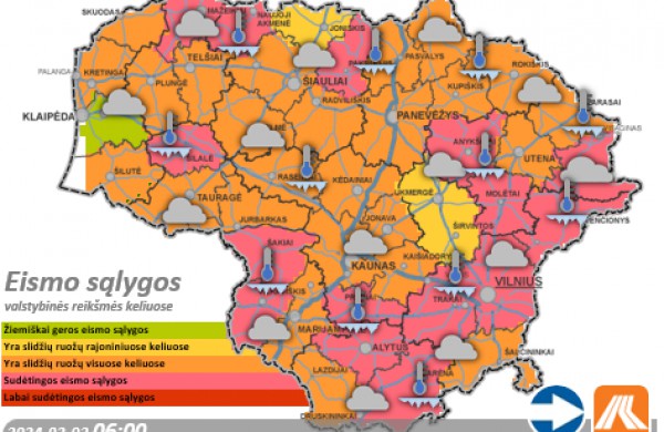 Vasario 2-osios eismo sąlygos ir kelių būklė