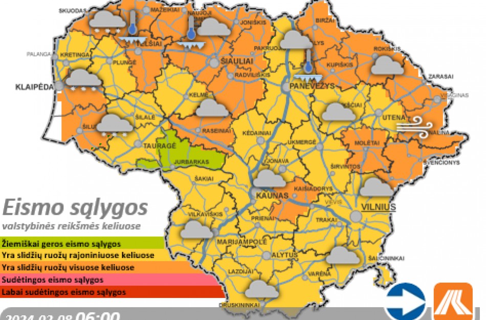 Vasario 8-osios eismo sąlygos ir kelių būklė