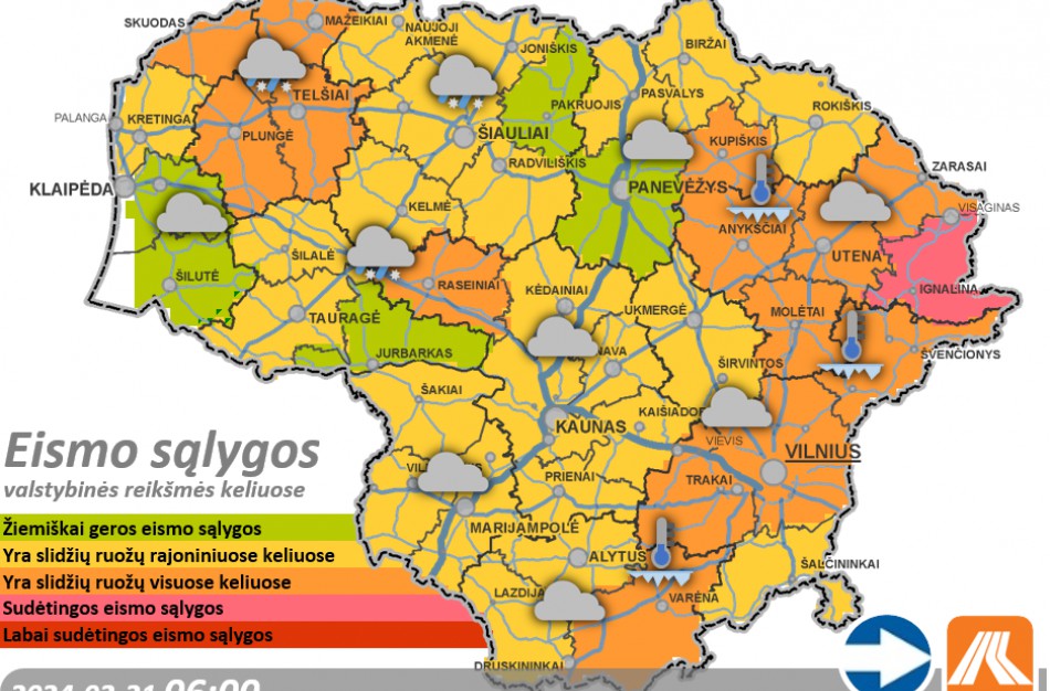 Vasario 21-osios eismo sąlygos ir kelių būklė