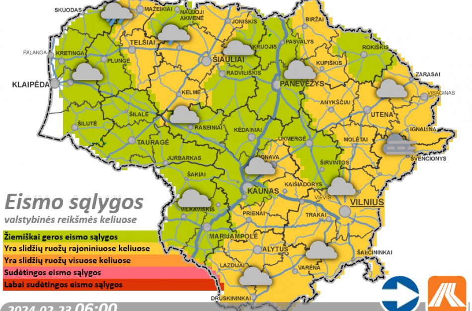 Vasario 23-iosios eismo sąlygos ir kelių būklė