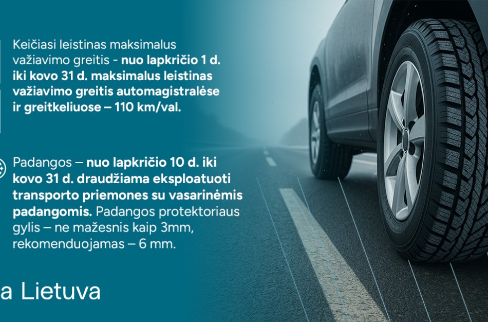 „Via Lietuva“: sezoniniai pasikeitimai keliuose – mažėja greitis automagistralėse ir greitkeliuose, prasideda žieminių padangų sezonas