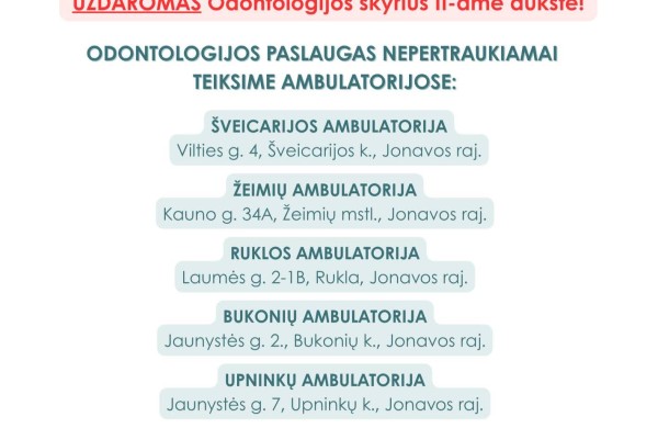 Jonavos PSPC praneša: dėl remonto darbų laikinai uždaromas Odontologijos skyrius