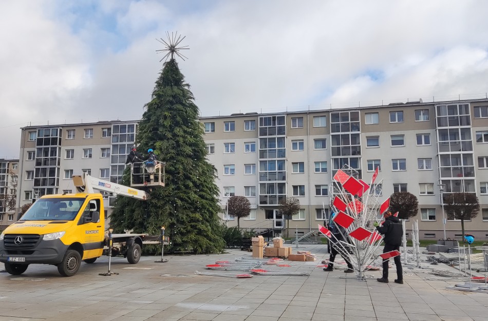 Jonavos šventinė eglutė jau kyla: miestas ruošiasi didžiajam įžiebimui