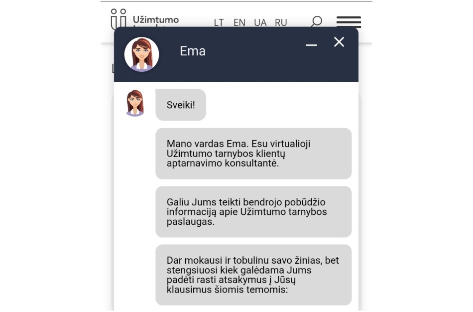 Užimtumo tarnybos virtualioji asistentė Ema šiemet atsakė jau į ketvirtį milijono užklausų 