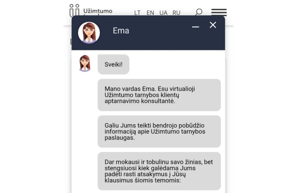 Užimtumo tarnybos virtualioji asistentė Ema šiemet atsakė jau į ketvirtį milijono užklausų 