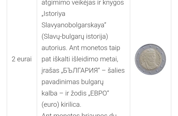 Eurų monetos su bulgariška nacionaline puse – teisėta mokėjimo priemonė ir Lietuvoje