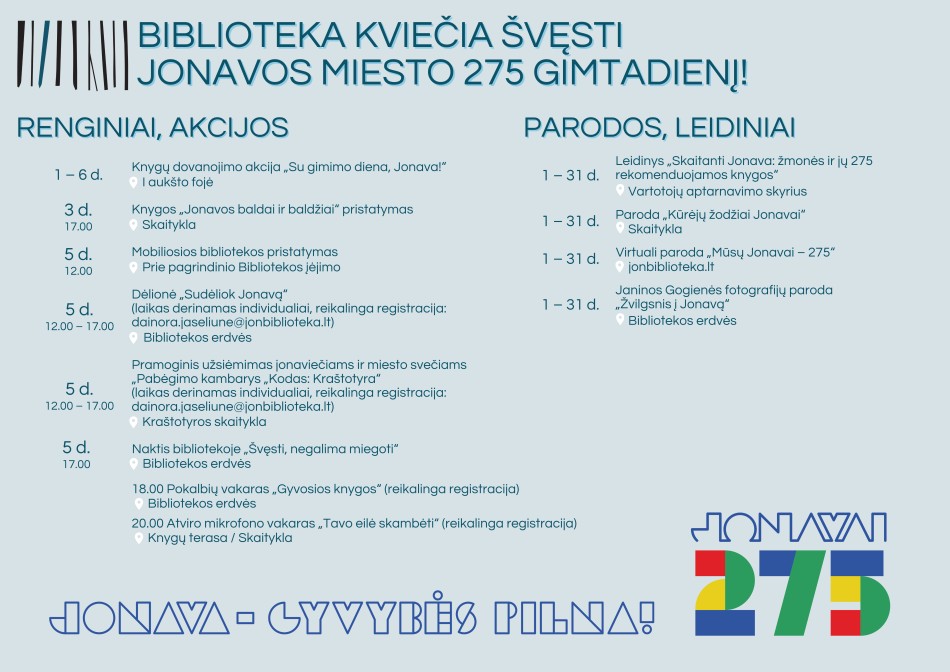 Biblioteka kviečia kartu švęsti Jonavos miesto 275-ąjį gimtadienį! 